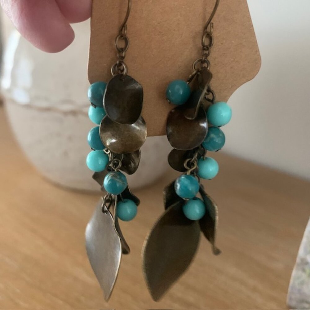 Boho Bronze Leaf & Turquoise Beaded Cascading Earrings